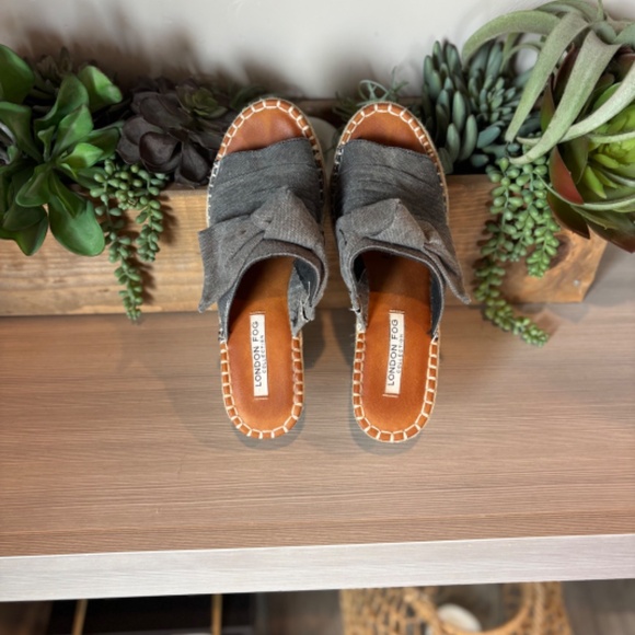 London Fog Canvas Espadrille Wedge High Heel Slip-on  Knot Tie - Grey - Picture 4 of 6